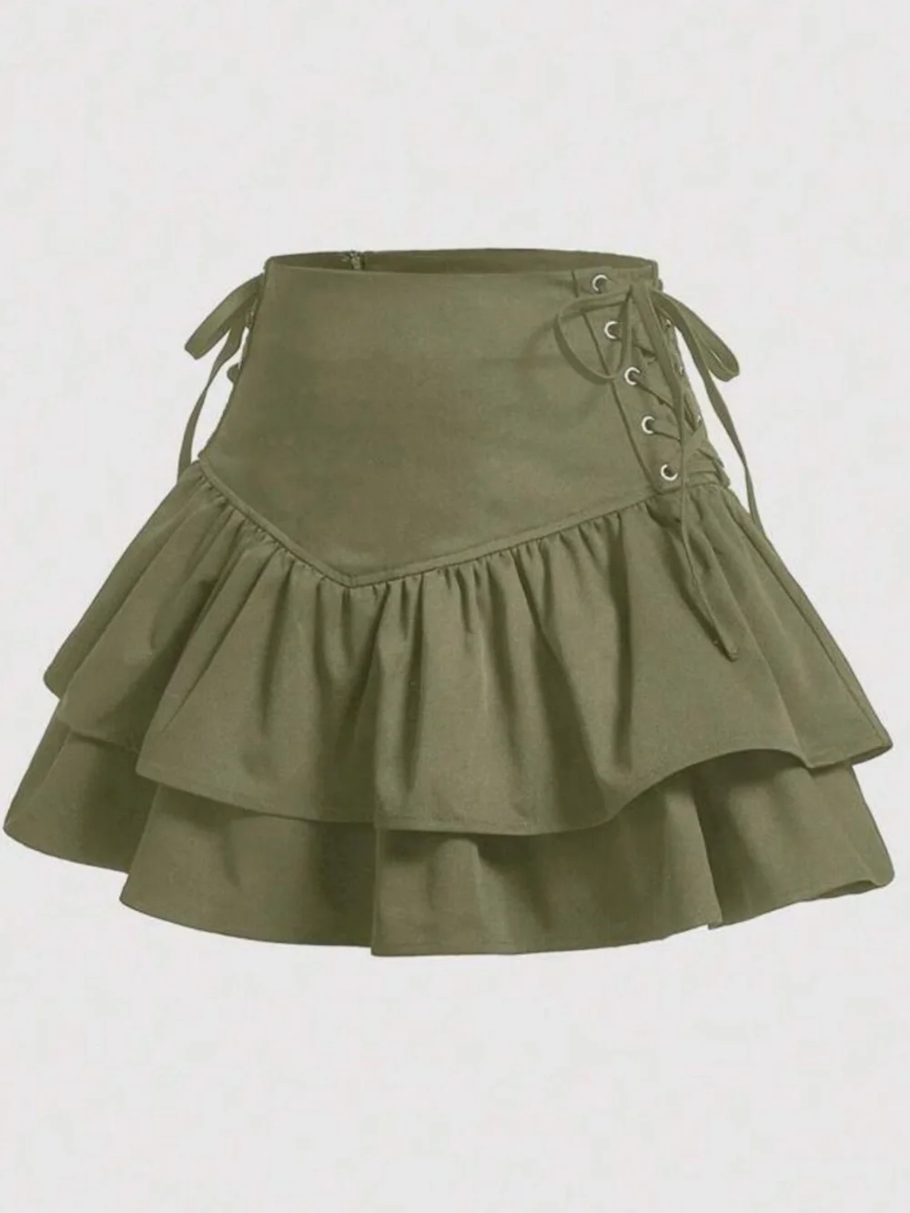 Olive Lace-Up Ruffle Mini Skirt - L - Picture 1 of 5
